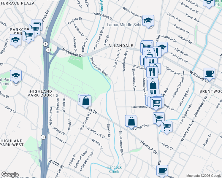 map of restaurants, bars, coffee shops, grocery stores, and more near 5500 Shoal Creek Boulevard in Austin