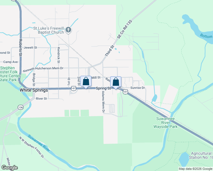 map of restaurants, bars, coffee shops, grocery stores, and more near 16870 Spring Street in White Springs