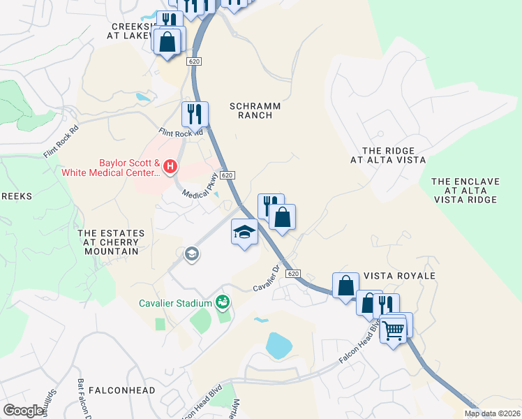 map of restaurants, bars, coffee shops, grocery stores, and more near 112 Aria Ridge in Lakeway