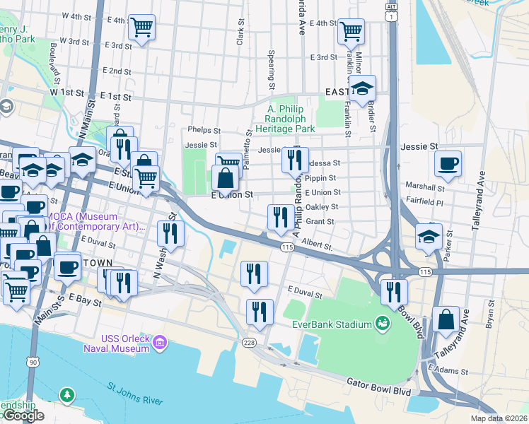 map of restaurants, bars, coffee shops, grocery stores, and more near 821 Oakley Street in Jacksonville