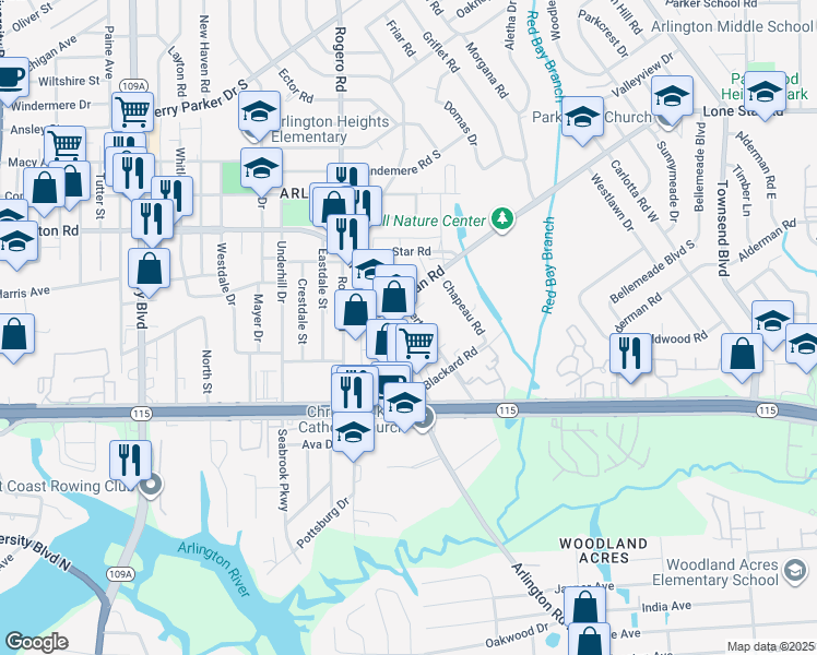 map of restaurants, bars, coffee shops, grocery stores, and more near 1010 Bert Road in Jacksonville
