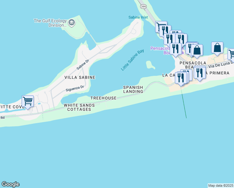 map of restaurants, bars, coffee shops, grocery stores, and more near 336 Fort Pickens Road in Pensacola Beach