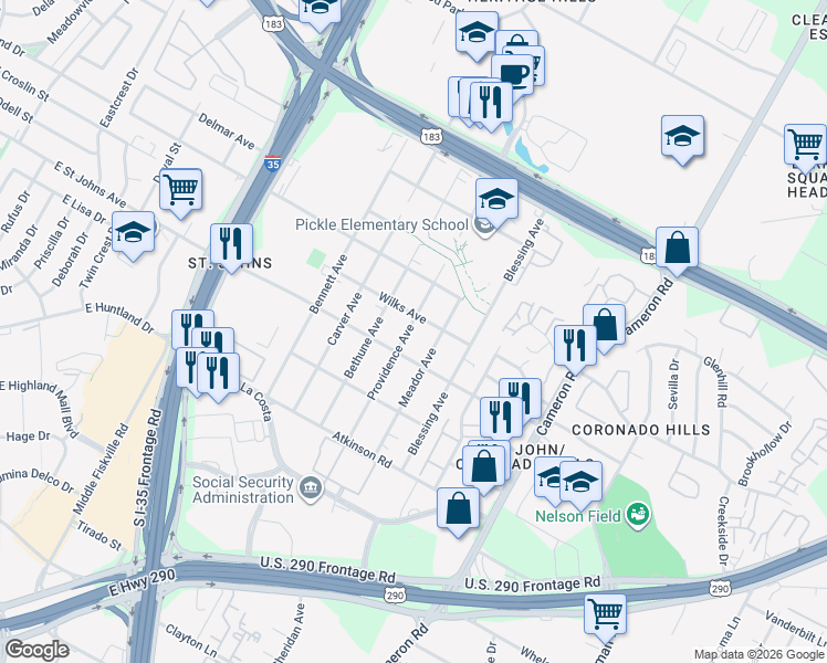 map of restaurants, bars, coffee shops, grocery stores, and more near 7211 Providence Avenue in Austin