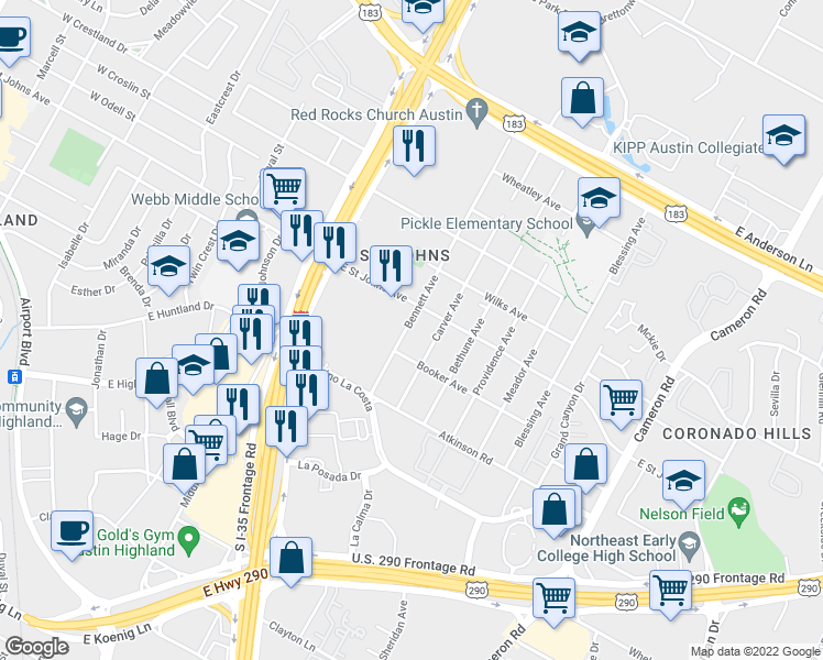 map of restaurants, bars, coffee shops, grocery stores, and more near 7007 Bennett Avenue in Austin