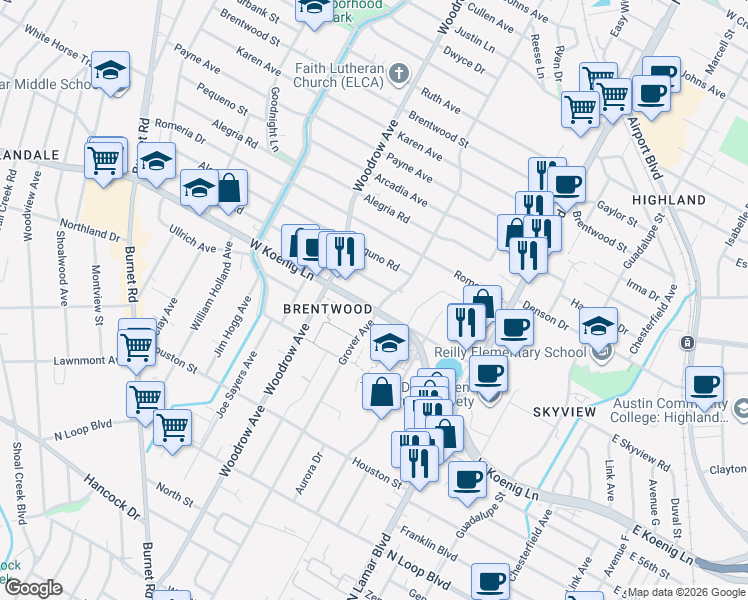 map of restaurants, bars, coffee shops, grocery stores, and more near in Austin