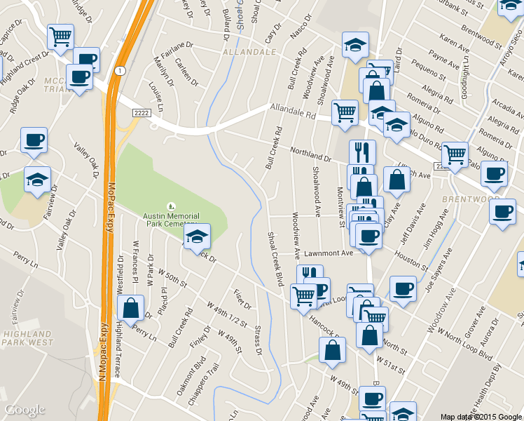 map of restaurants, bars, coffee shops, grocery stores, and more near 5500 Shoal Creek Boulevard in Austin