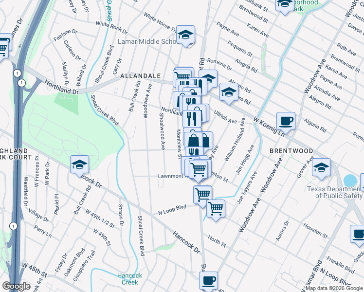 map of restaurants, bars, coffee shops, grocery stores, and more near 5503 Montview Street in Austin
