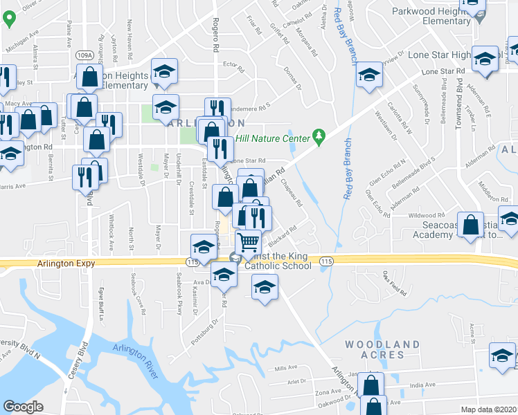 map of restaurants, bars, coffee shops, grocery stores, and more near 1040 Bert Road in Jacksonville