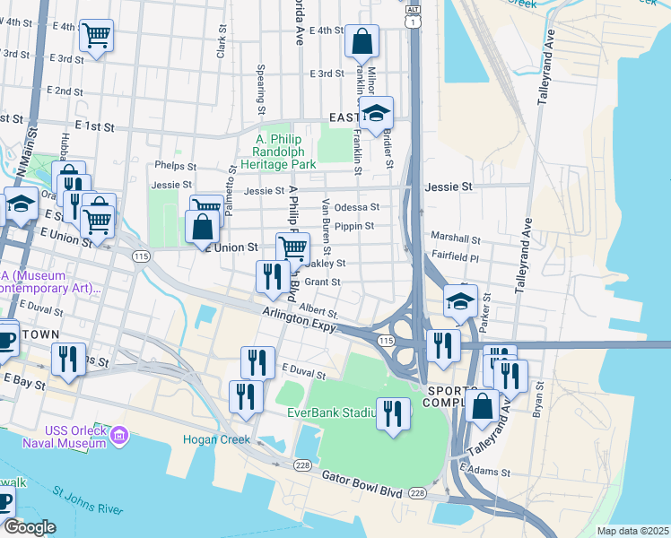 map of restaurants, bars, coffee shops, grocery stores, and more near 1108 Oakley Street in Jacksonville