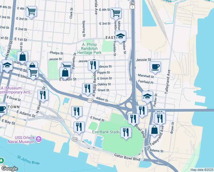map of restaurants, bars, coffee shops, grocery stores, and more near 1108 Oakley Street in Jacksonville