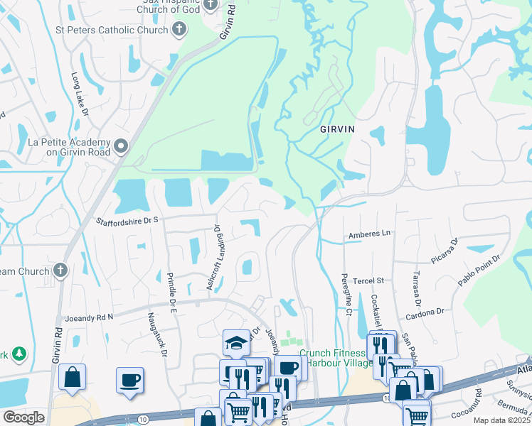 map of restaurants, bars, coffee shops, grocery stores, and more near 13288 Pacemaker Drive in Jacksonville