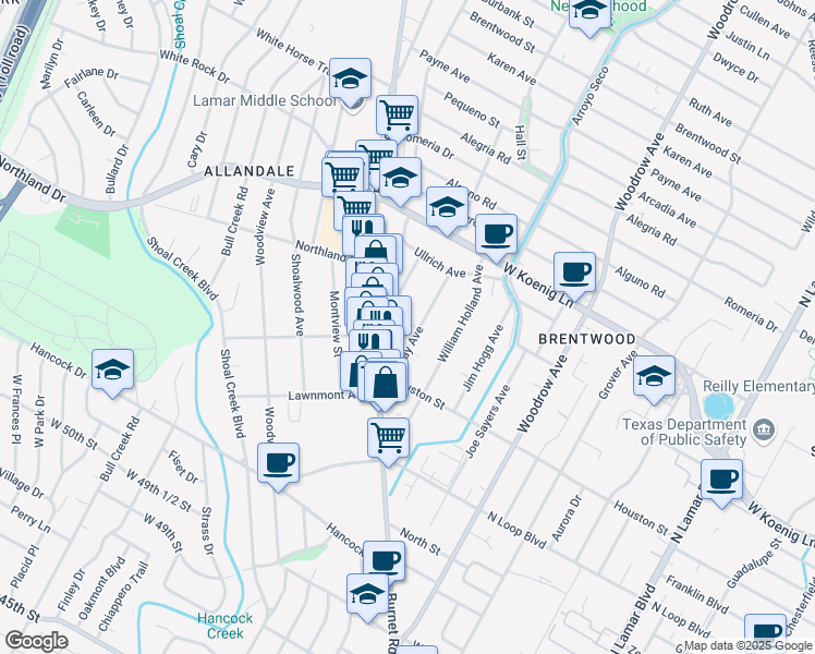 map of restaurants, bars, coffee shops, grocery stores, and more near 5512 1/2 Clay Avenue in Austin