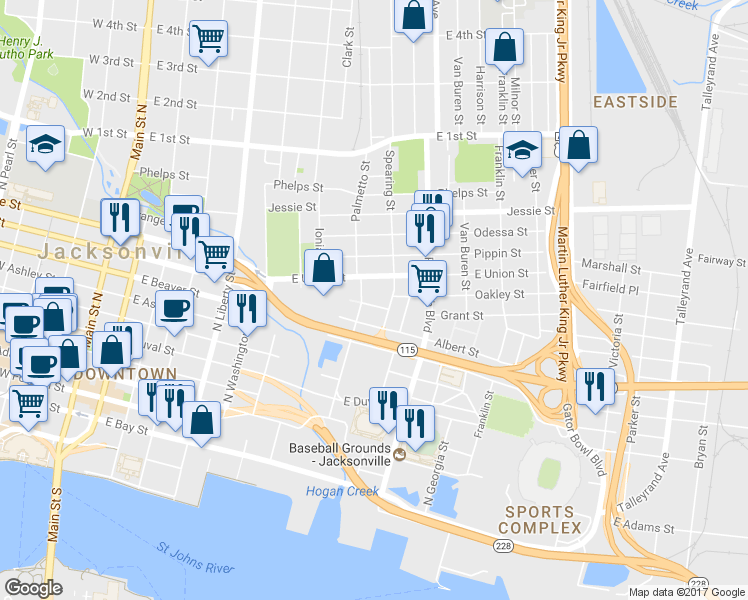 map of restaurants, bars, coffee shops, grocery stores, and more near 821 Oakley Street in Jacksonville