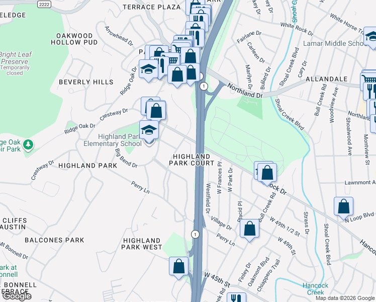 map of restaurants, bars, coffee shops, grocery stores, and more near 5013 Highland Court in Austin