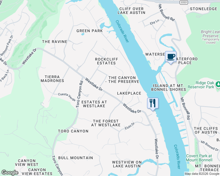 map of restaurants, bars, coffee shops, grocery stores, and more near 3999 Westlake Drive in Austin