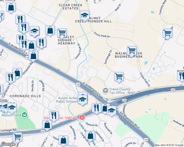 map of restaurants, bars, coffee shops, grocery stores, and more near 2250 Ridgepoint Drive in Austin