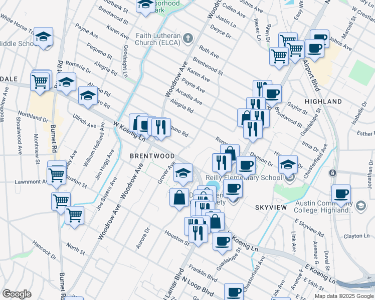 map of restaurants, bars, coffee shops, grocery stores, and more near 5909 Grover Avenue in Austin