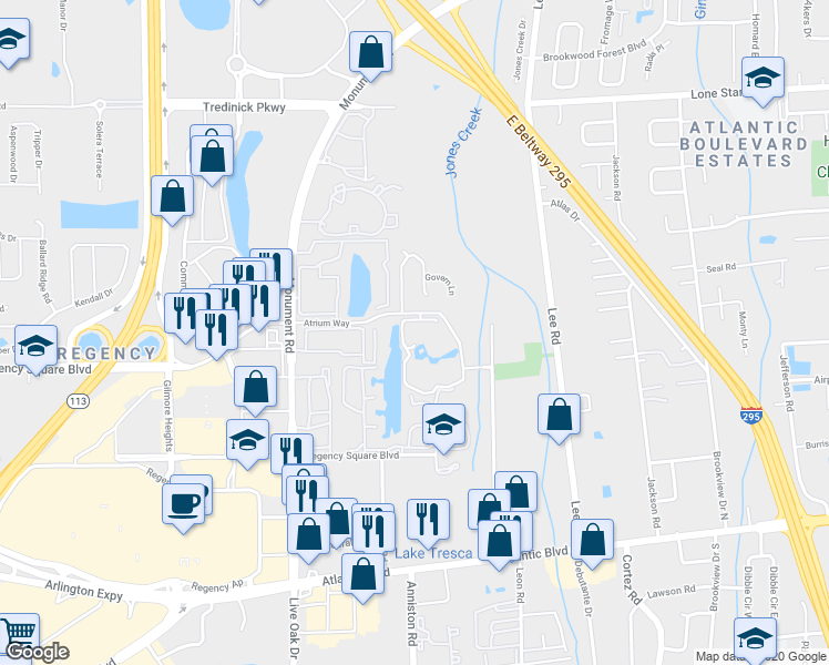 map of restaurants, bars, coffee shops, grocery stores, and more near 9960 Atrium Way in Jacksonville