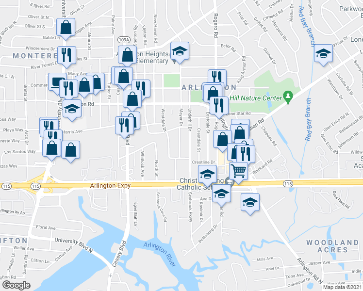 map of restaurants, bars, coffee shops, grocery stores, and more near 1016 Mayer Drive in Jacksonville