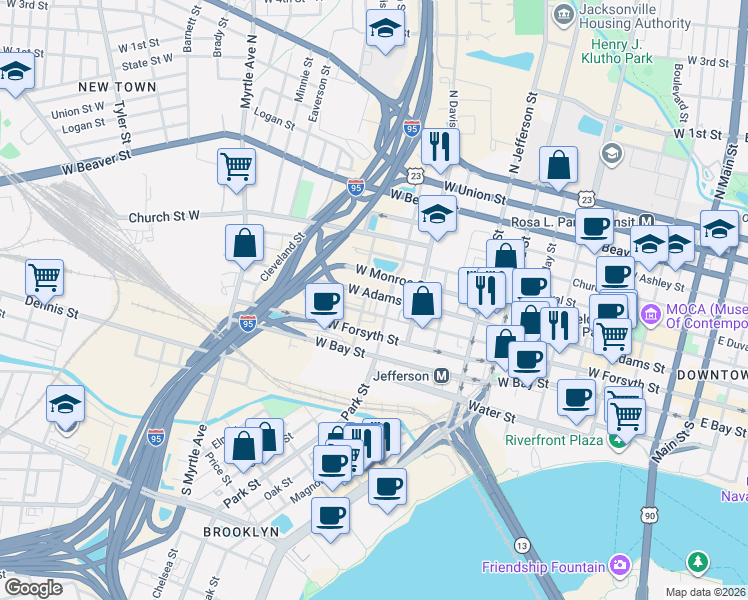 map of restaurants, bars, coffee shops, grocery stores, and more near in Jacksonville