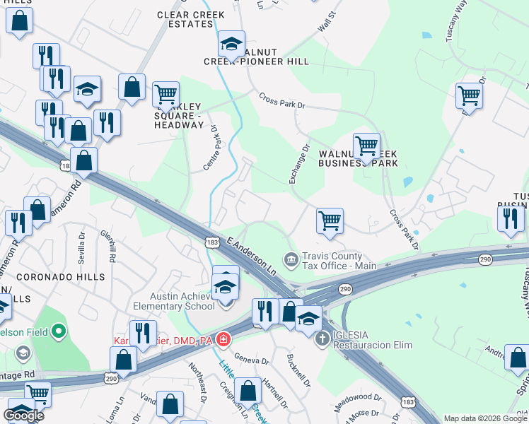 map of restaurants, bars, coffee shops, grocery stores, and more near 2300 Ridgepoint Drive in Austin