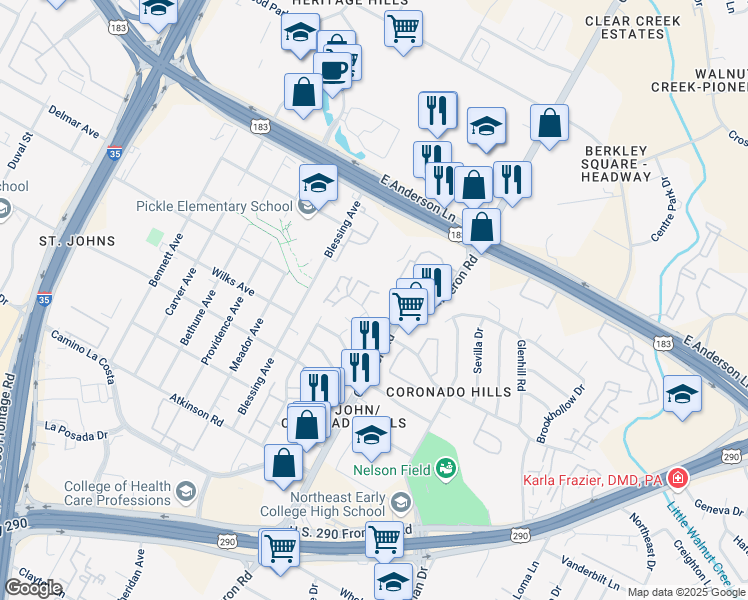 map of restaurants, bars, coffee shops, grocery stores, and more near 7400 Cameron Road in Austin
