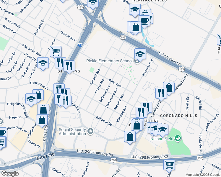 map of restaurants, bars, coffee shops, grocery stores, and more near 7109 Bethune Avenue in Austin