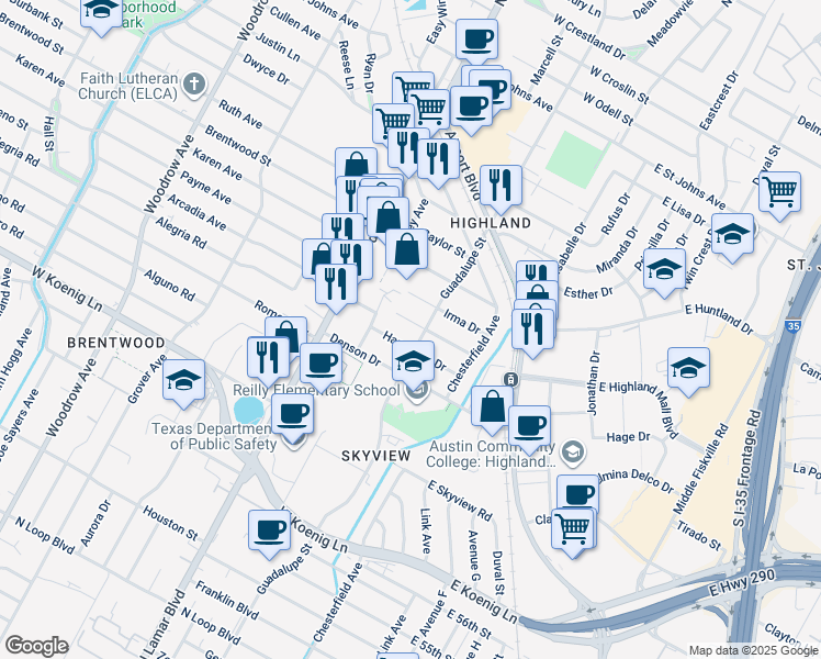 map of restaurants, bars, coffee shops, grocery stores, and more near 606 Hammack Drive in Austin
