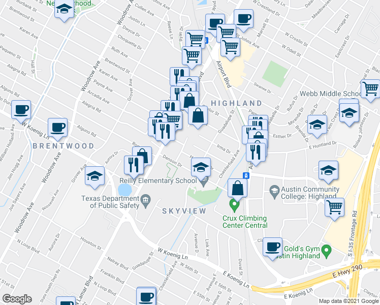 map of restaurants, bars, coffee shops, grocery stores, and more near 606 Hammack Drive in Austin