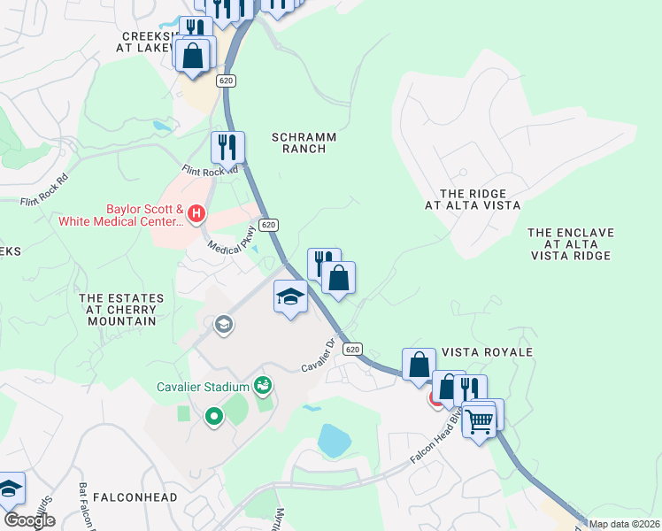 map of restaurants, bars, coffee shops, grocery stores, and more near 112 Aria Ridge in Lakeway
