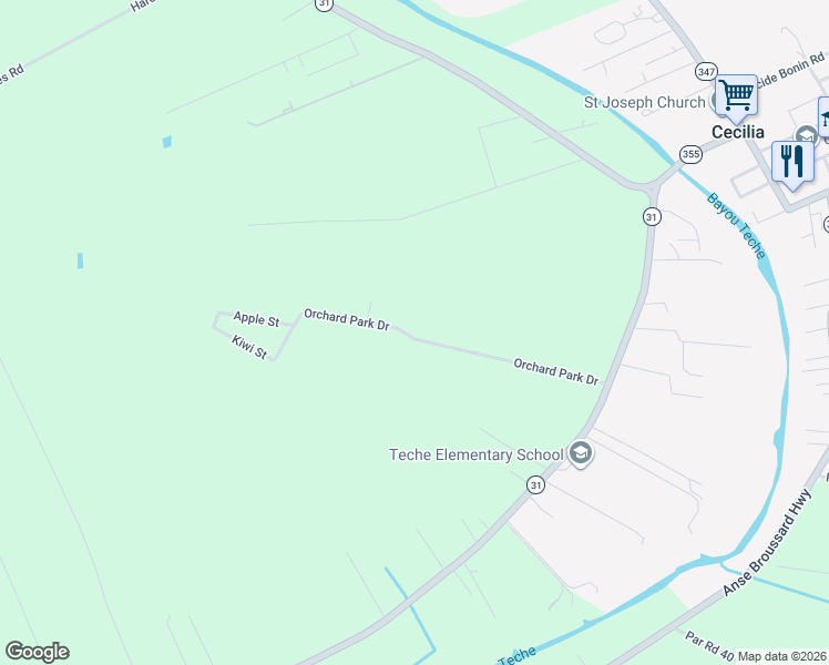 map of restaurants, bars, coffee shops, grocery stores, and more near 1087 Orchard Park Road in Breaux Bridge