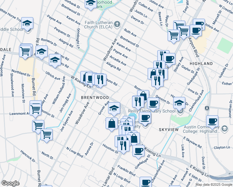 map of restaurants, bars, coffee shops, grocery stores, and more near 5909 Grover Avenue in Austin
