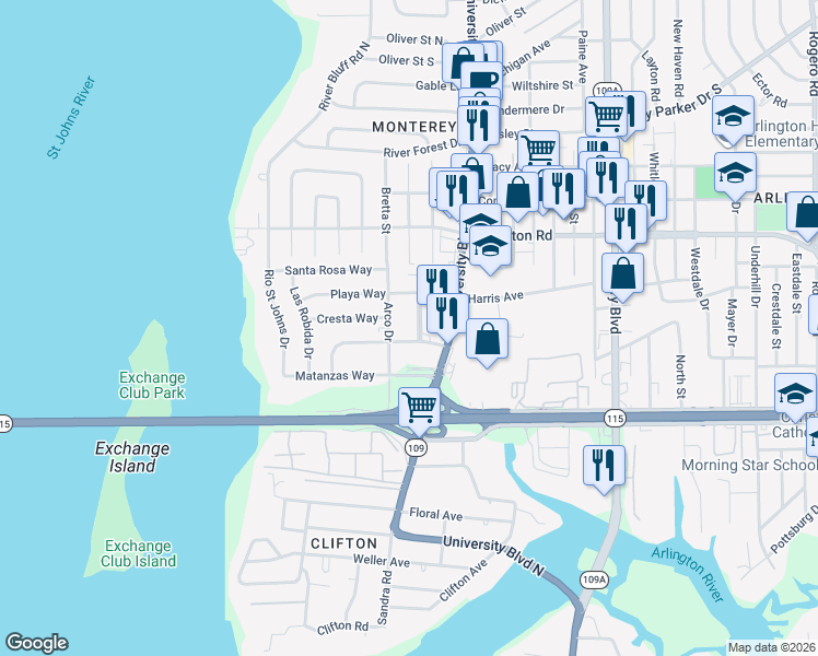 map of restaurants, bars, coffee shops, grocery stores, and more near 1020 Caliente Drive in Jacksonville