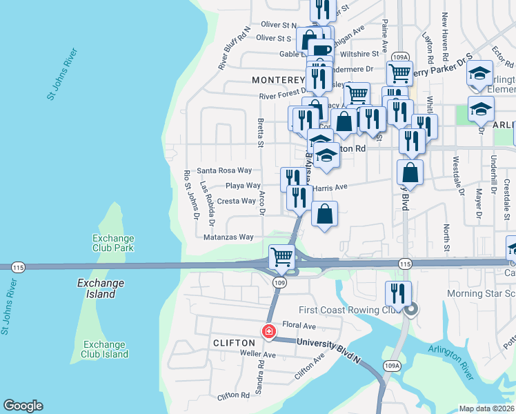 map of restaurants, bars, coffee shops, grocery stores, and more near 1020 Arco Drive in Jacksonville