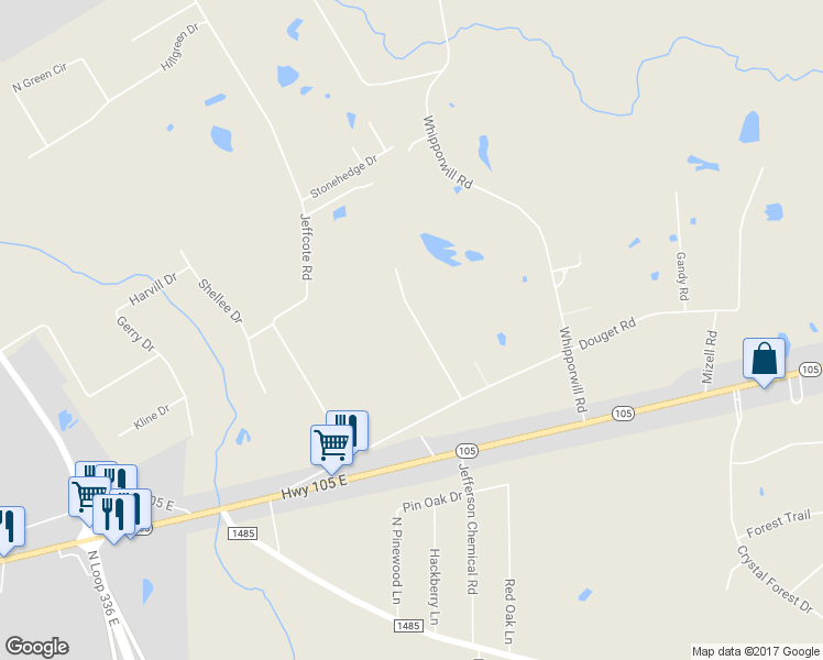 map of restaurants, bars, coffee shops, grocery stores, and more near 11993 Douget Road in Conroe