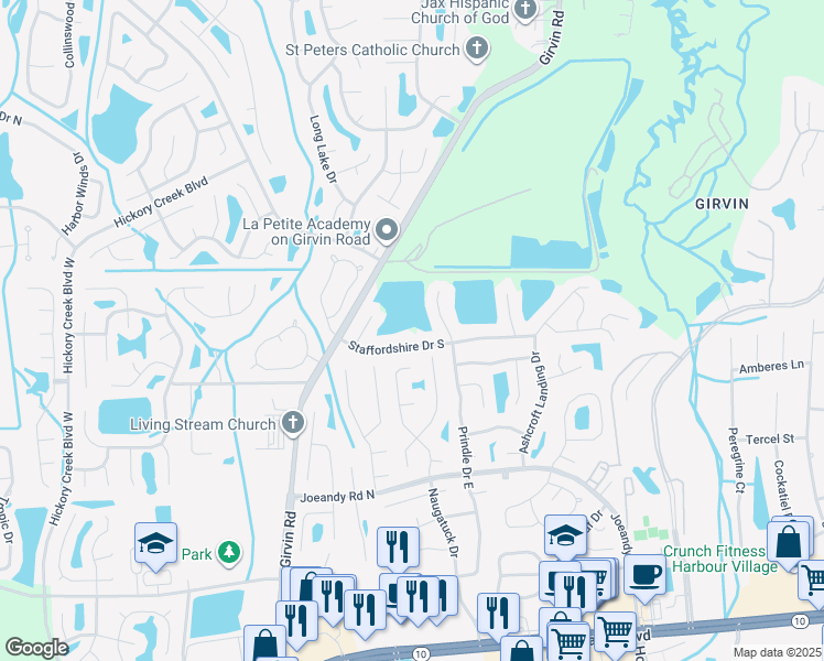 map of restaurants, bars, coffee shops, grocery stores, and more near 13005 Staffordshire Drive South in Jacksonville