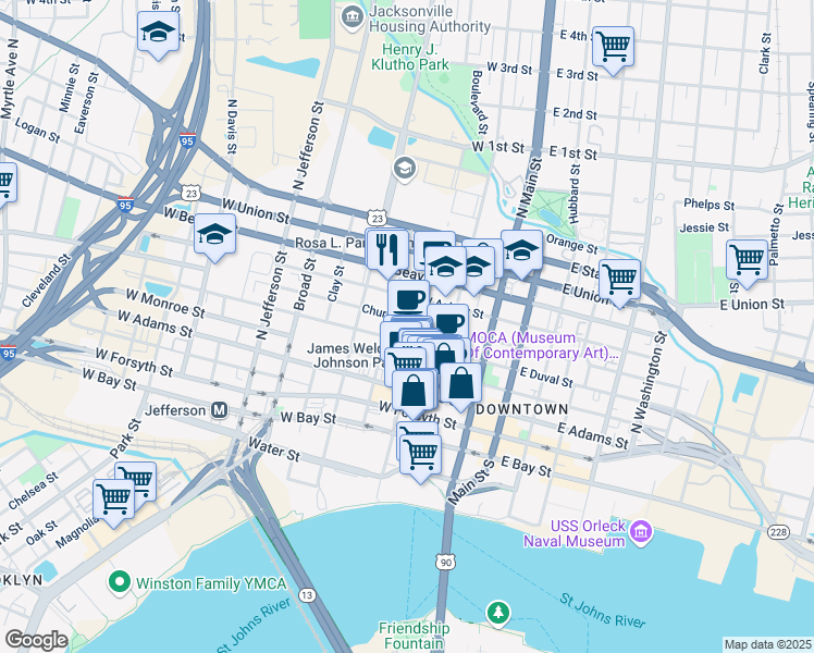 map of restaurants, bars, coffee shops, grocery stores, and more near 218 East Church Street in Jacksonville
