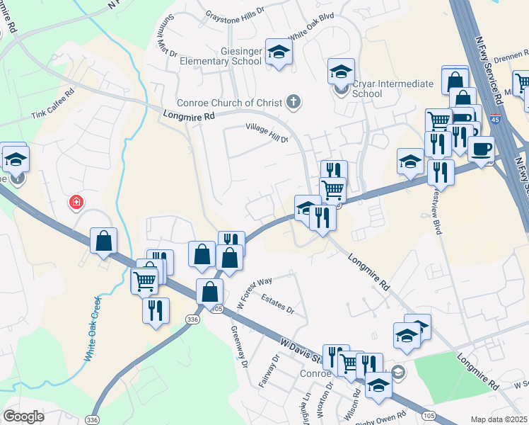 map of restaurants, bars, coffee shops, grocery stores, and more near 2200 North Loop 336 West in Conroe