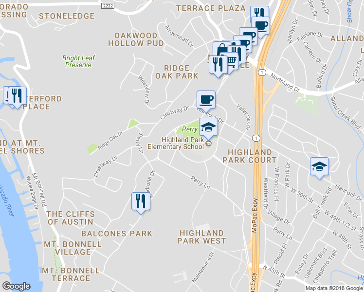 map of restaurants, bars, coffee shops, grocery stores, and more near 3316 Big Bend Drive in Austin