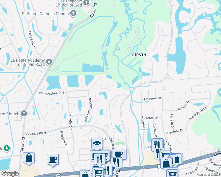 map of restaurants, bars, coffee shops, grocery stores, and more near 13288 Pacemaker Drive in Jacksonville