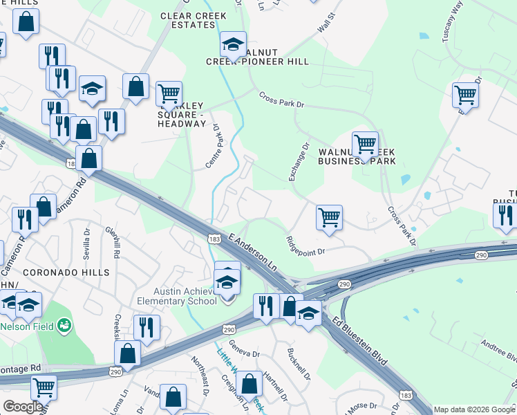 map of restaurants, bars, coffee shops, grocery stores, and more near 2300 Ridgepoint Drive in Austin