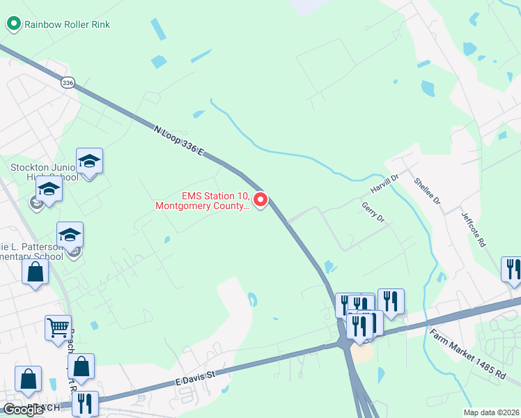 map of restaurants, bars, coffee shops, grocery stores, and more near 2920 North Loop 336 East in Conroe