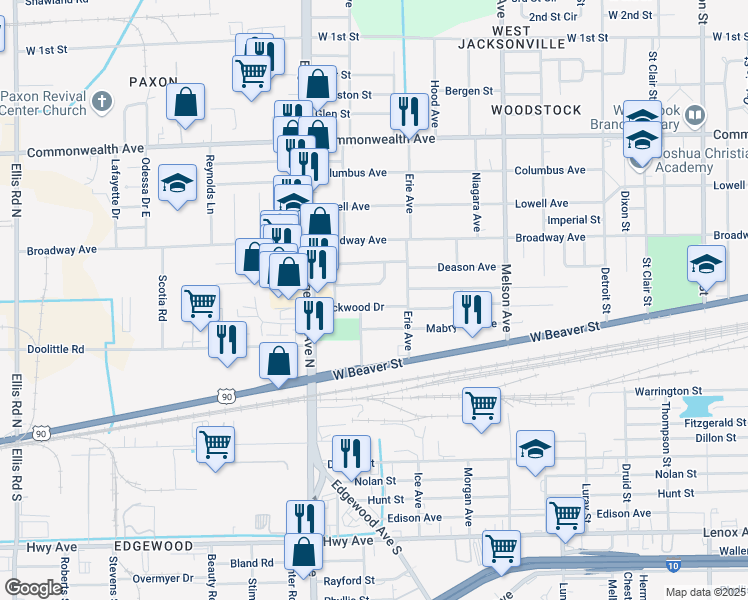 map of restaurants, bars, coffee shops, grocery stores, and more near 3418 Rockwood Drive in Jacksonville