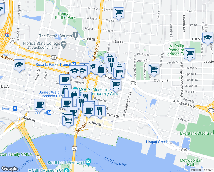 map of restaurants, bars, coffee shops, grocery stores, and more near 525 North Newnan Street in Jacksonville