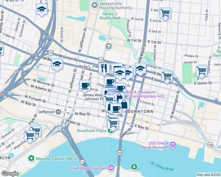 map of restaurants, bars, coffee shops, grocery stores, and more near 400 North Hogan Street in Jacksonville