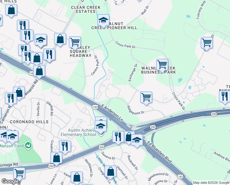 map of restaurants, bars, coffee shops, grocery stores, and more near 2300 Ridgepoint Drive in Austin