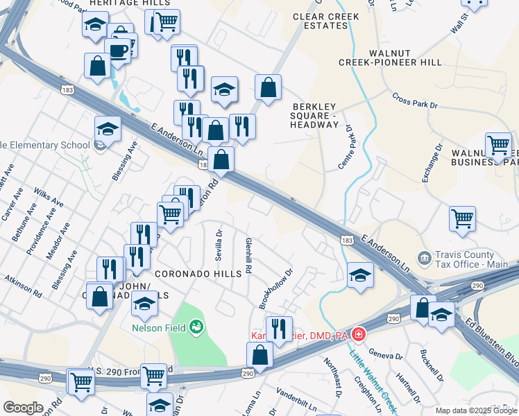 map of restaurants, bars, coffee shops, grocery stores, and more near 7606 Glenhill Cove in Austin