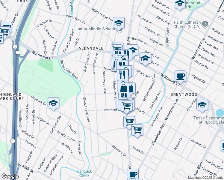 map of restaurants, bars, coffee shops, grocery stores, and more near 5422 Montview Street in Austin