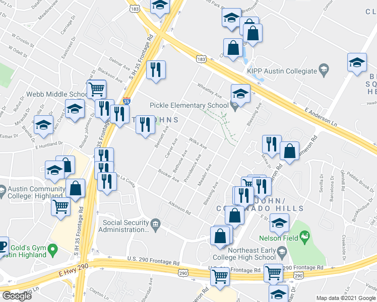 map of restaurants, bars, coffee shops, grocery stores, and more near 7207 Bethune Avenue in Austin