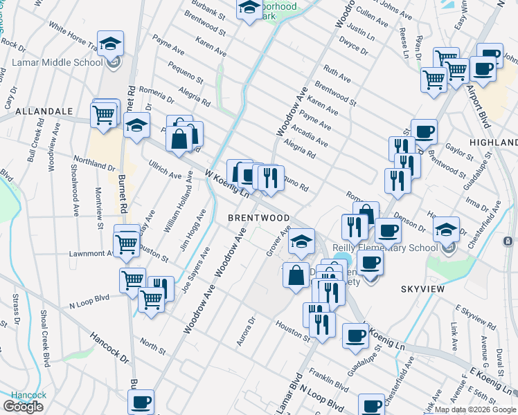 map of restaurants, bars, coffee shops, grocery stores, and more near 1303 West Koenig Lane in Austin